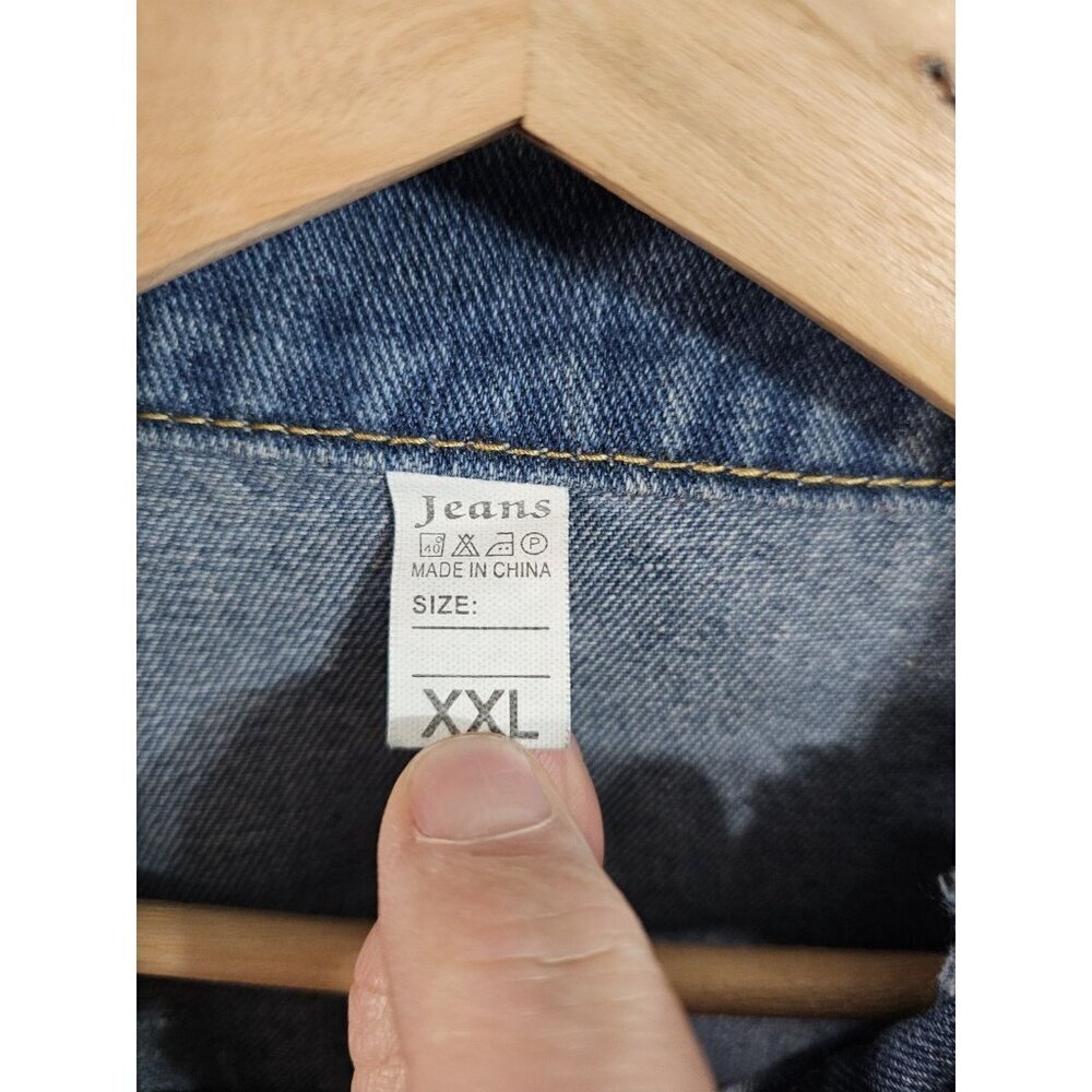 Womens XXL Longline Distressed Denim Jacket Blue Wash Button Front Pockets Y2K - Picture 4 of 7